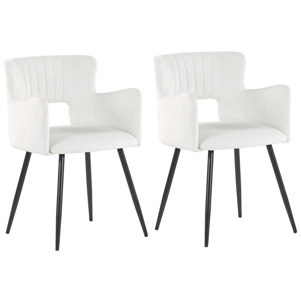 Set di 2 sedie da pranzo velluto crema braccioli schienale intagliato gambe in metallo moderna industriale