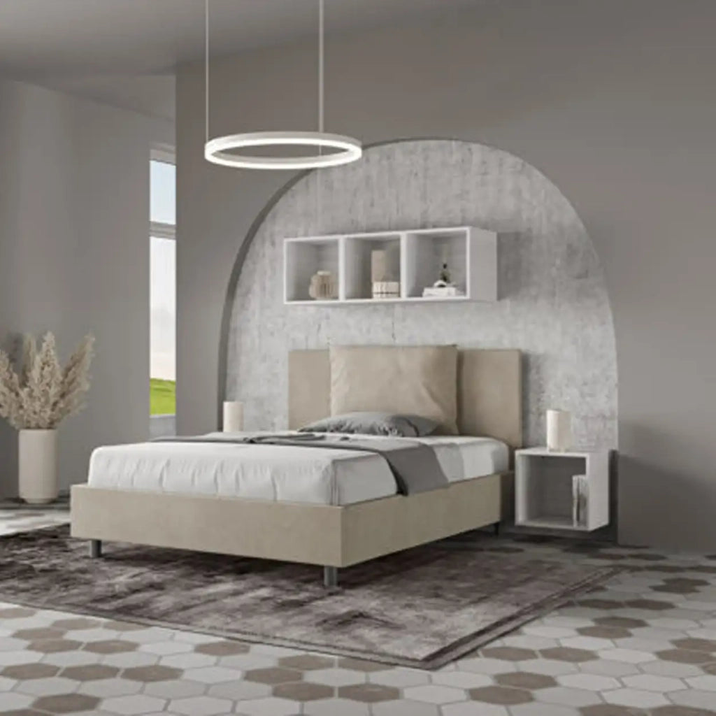 Letto matrimoniale francese senza rete imbottito 140x210 microfibra sabbia Antea