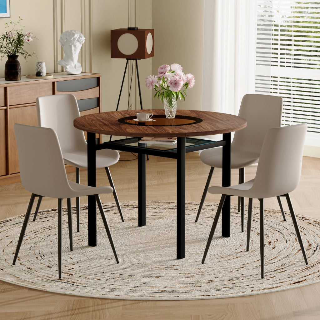 Set tavolo da pranzo e sedie con 1 tavolo rotondo; 4 sedie e ripiano; in MDF; vetro; PU e metallo marrone e nero