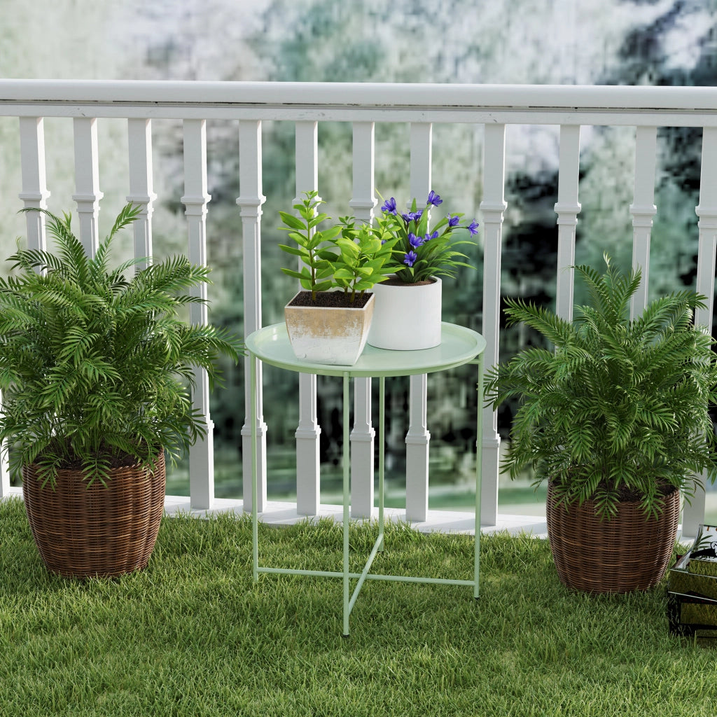 Tavolo da giardino rotondo in acciaio per esterni con piano rimovibile; pieghevole; ideale per terrazza o patio. Verde.