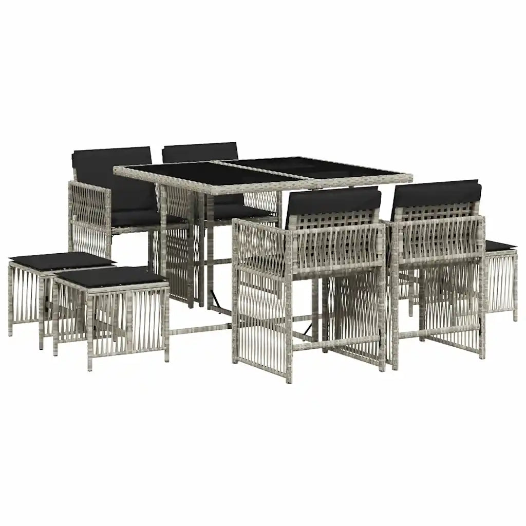 Set Pranzo da Giardino 9pz con Cuscini Grigio Chiaro Polyrattan