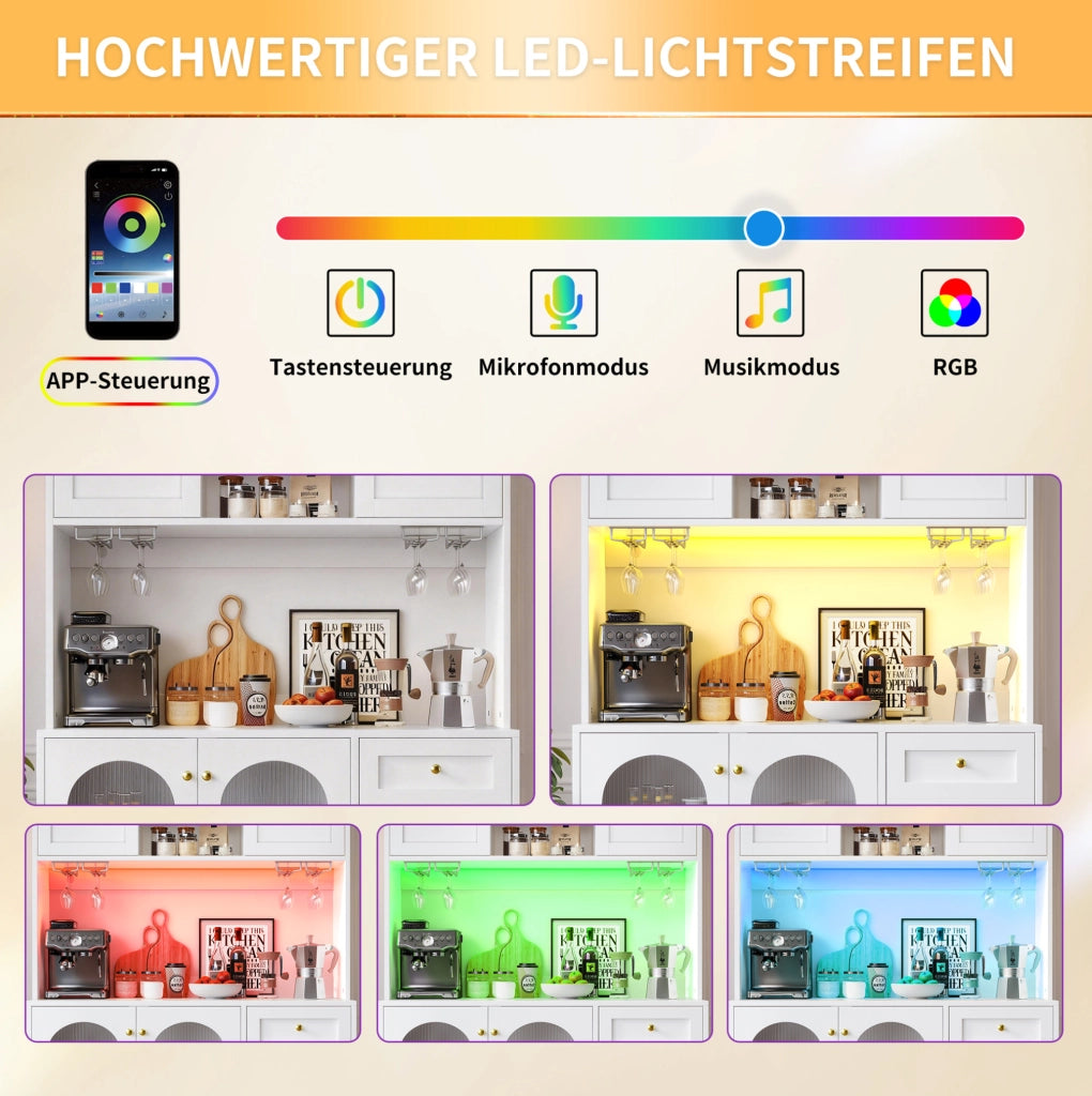 Credenza da cucina bianca con LED e vetro, 120x40x188 cm