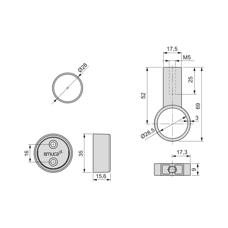 Lotto di 2 tubi appendiabiti rotondi D.28mm per armadi lunghezza 0,75m con reggitubi, Alluminio e Zama, Titanio