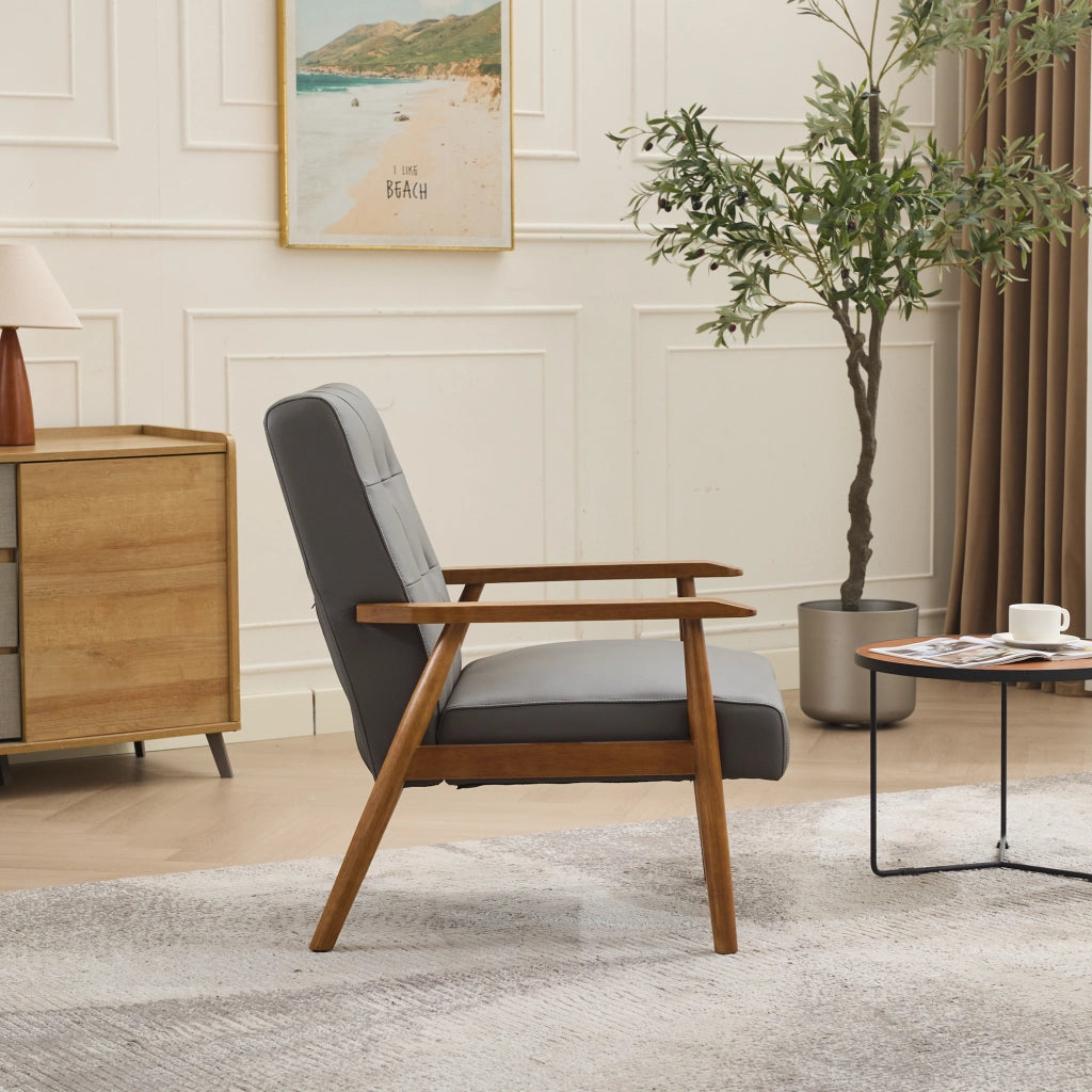 Fauteuil in pelle con struttura in legno e cuciture pull-point per soggiorno camera da letto home office grigio