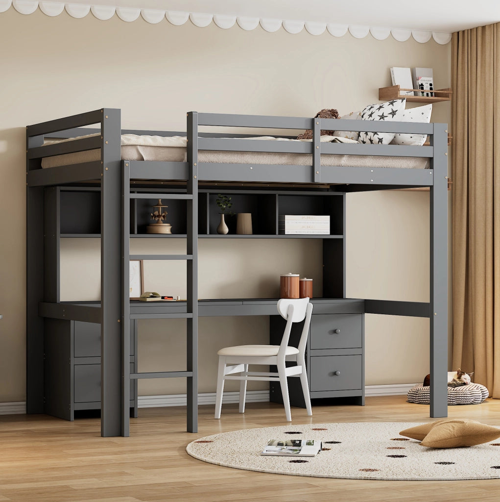 Letto a soppalco 90x200 cm con scrivania e spazio contenitivo in pino grigio