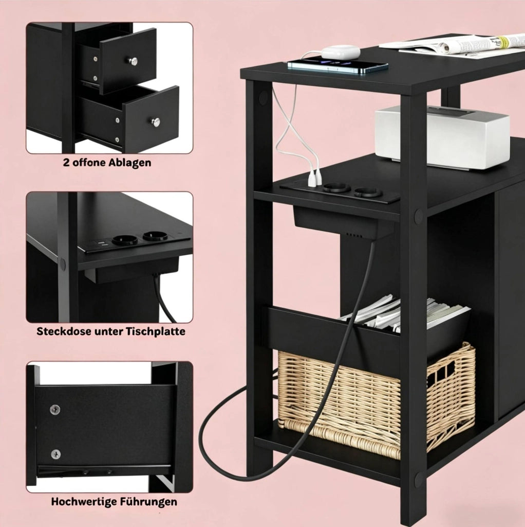 Tavolino laterale nero con presa; 2 cassetti e 2 ripiani; 60 x 60 x 30 cm