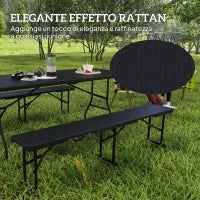 Set da Pic Nic Pieghevole a 3 Pezzi con Tavolo e 2 Panche in HDPE e Metallo, Nero