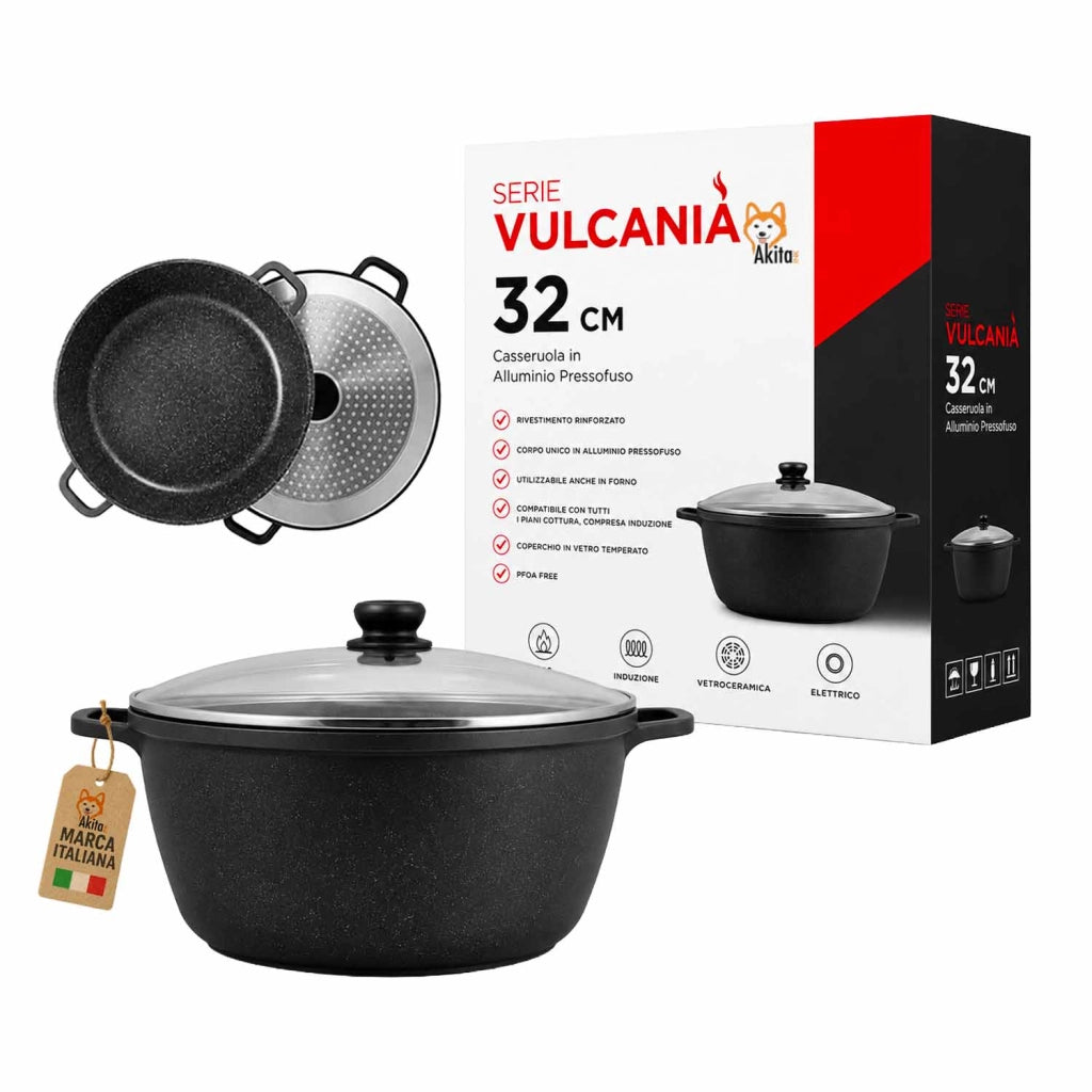 Akitaink Casseruola Alluminio Pressofuso Coperchio in Vetro 32 cm