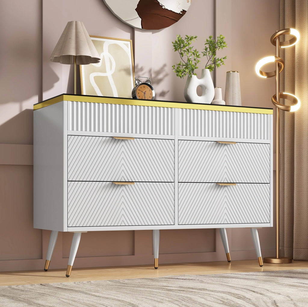 Credenza con 6 cassetti e superficie in vetro; 120 x 40 x 76 cm; bianco