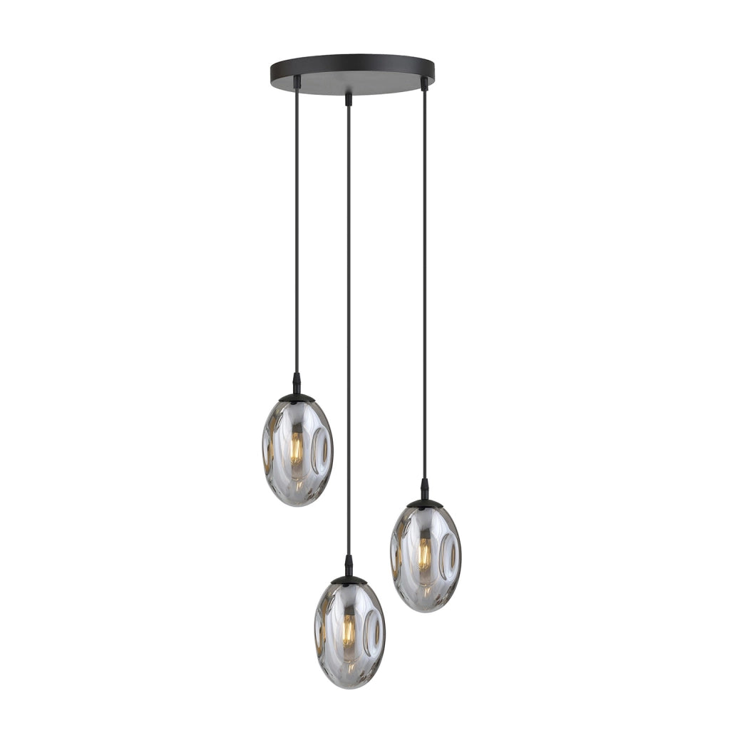 Sospensione Minimal 3 Luci Pendragon Acciaio Nero E Vetro Fumè
