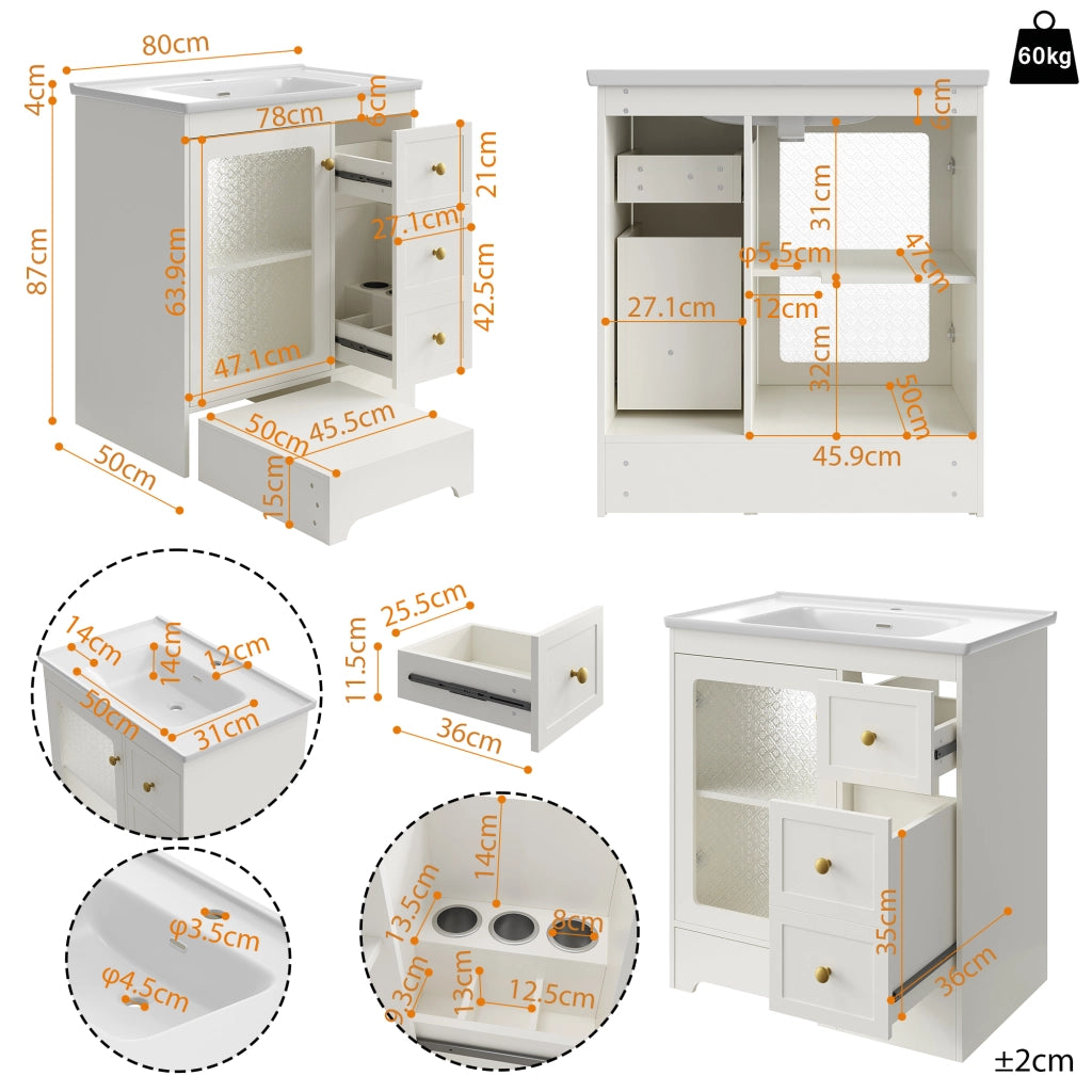 Mobile Bagno con Lavabo in Ceramica, LED, Vetro e Maniglie Dorate ¨C MINIMAL ¨C Bianco