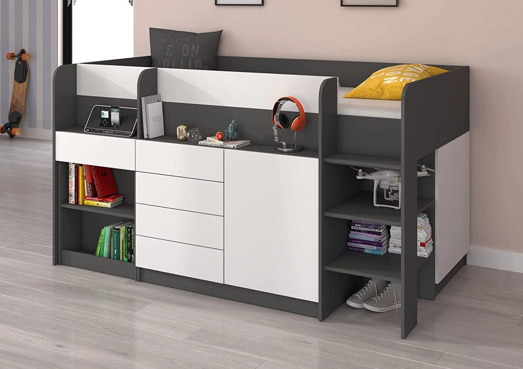 LETTO MOBILE CASSETTIERA CON SCRITTOIO SMILE P 204x 112x112cm LATO DESTRO GRAFITE BIANCO