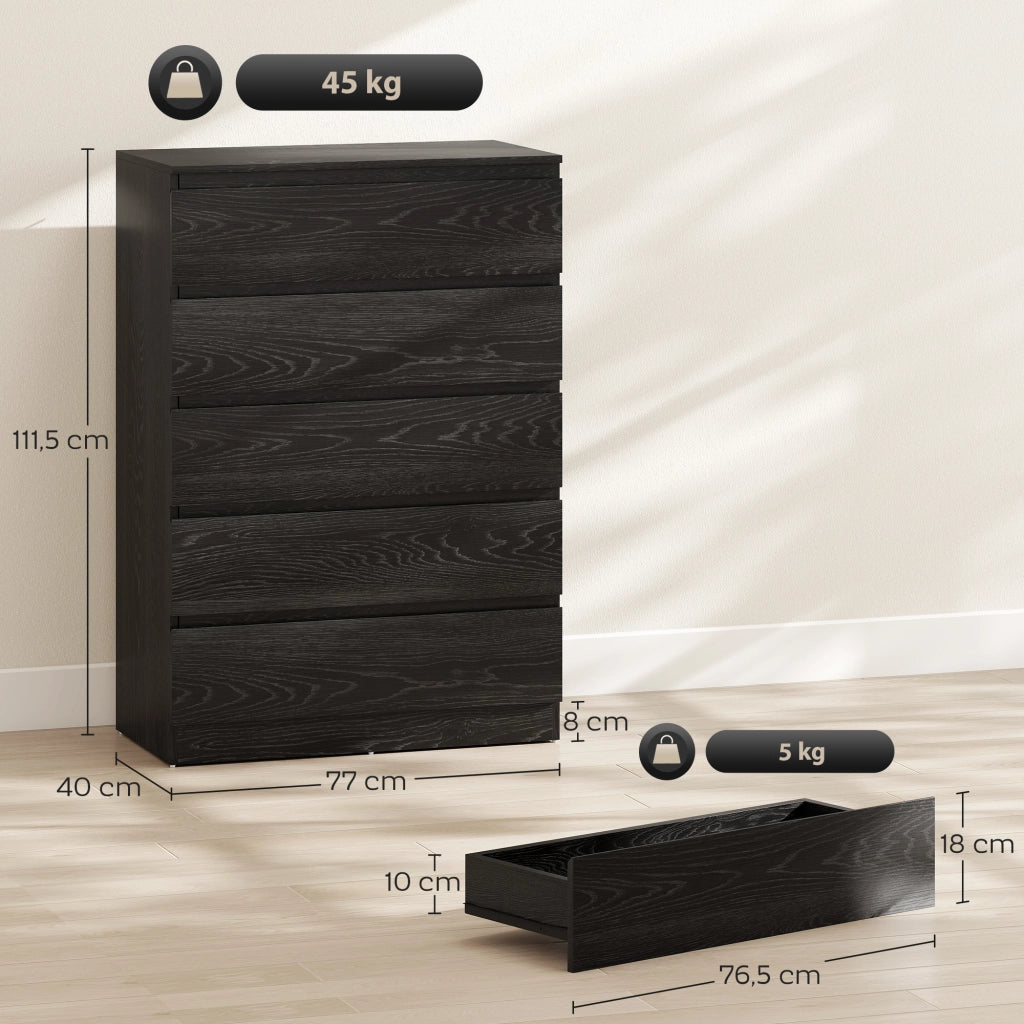 Cassettiera Moderna 5 Cassetti ¨C zephmum ¨C 77x40x111,5 cm Nero Effetto Legno