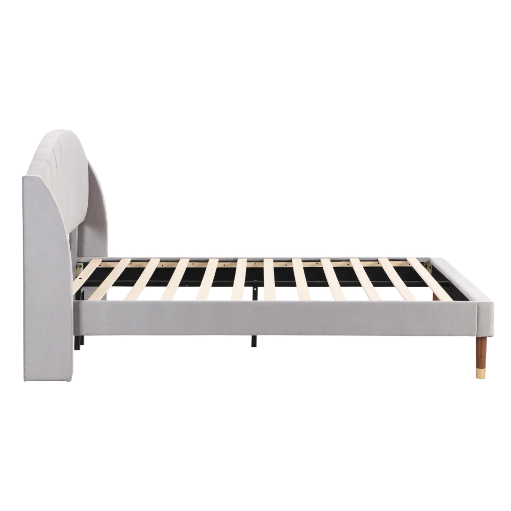 OKWISH Letto Matrimoniale 140×200 cm con Testiera Imbottita e Doghe in Legno, senza Materasso, in Velluto, Grigio