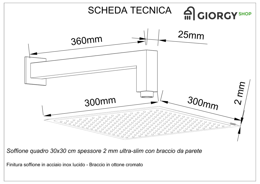 Kit Doccia 2 Vie Soffione Acciaio Inox  Slim 2 mm + Braccio Doccia + Presa Acqua + Flessibile + Doccino Soffione 30x30 cm con Braccio da Parete