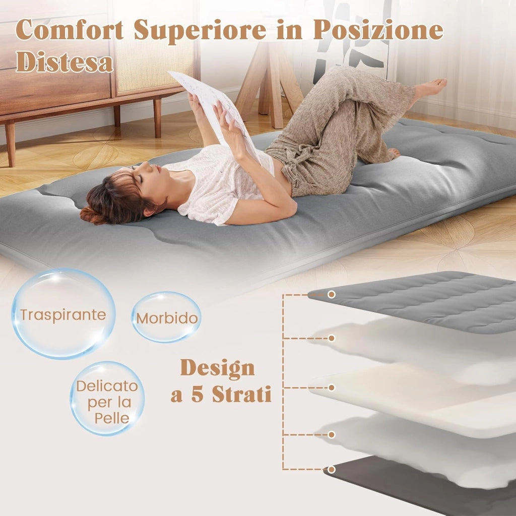 Materasso Futon Pieghevole, Materasso Portatile con Sacca da Trasporto per Camping, Materasso da Terra con Copertura Lavabile (Grigio,200 x 90 cm)