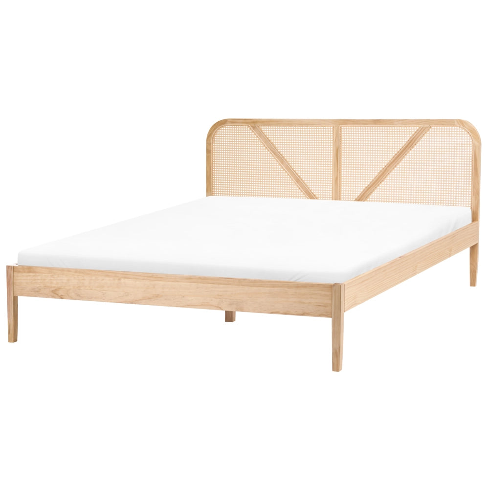 Letto matrimoniale con struttura in legno di pino e testiera in rattan marrone chiaro 160x200 cm in stile retrò