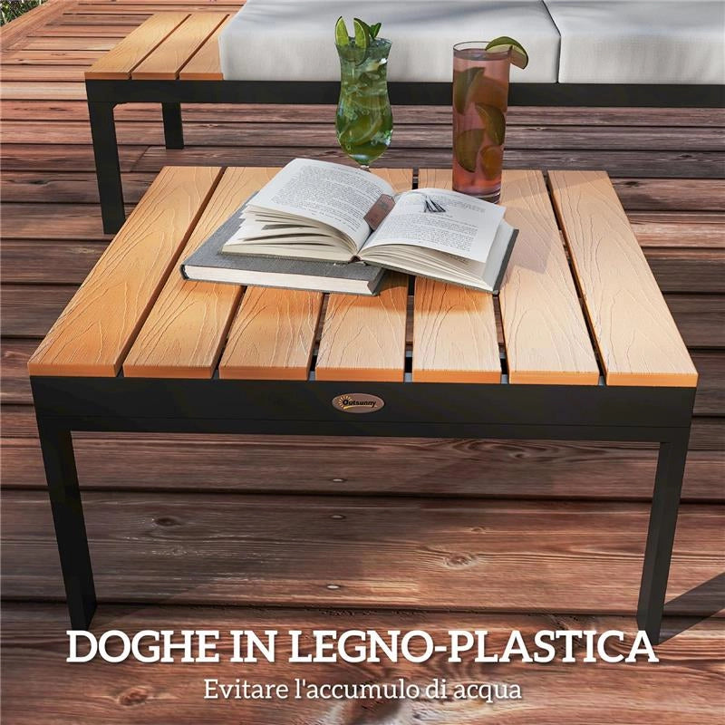 SET DA GIARDINO 4 PEZZI CON 2 DIVANETTI 2 POSTI E 2 TAVOLINI IN METALLO E LEGNO COMPOSITO GRIGIO NERO E TEAK