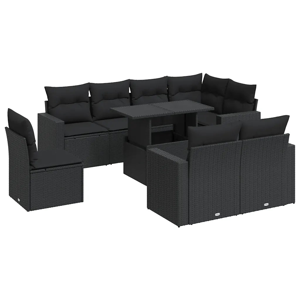 vidaXL Set Divani da Giardino 9 pz con Cuscini Nero in Polyrattan