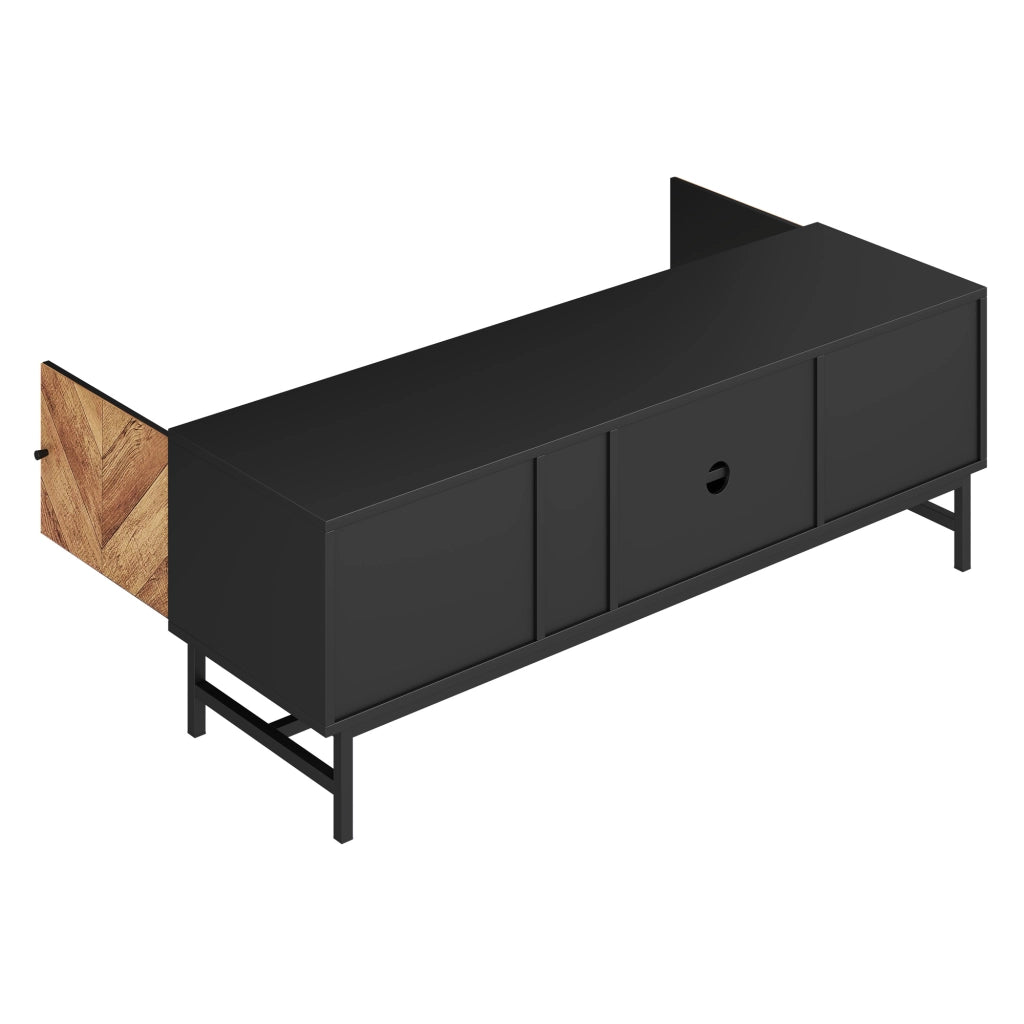 Mobile TV 150x38x50.5 cm; ampio spazio con vani e armadi; pannello truciolare e ferro; nero e colore naturale