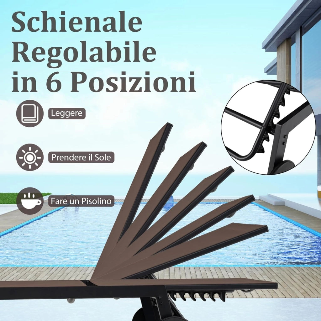 Lettino Prendisole da Giardino con Tavolino, Schienale Rgolabile 5 Livelli, 2 Ruoti, Sdraio da Patio in Tessuto Traspirante, per Piscina Terazza, Portata 150+50 kg (Marrone)