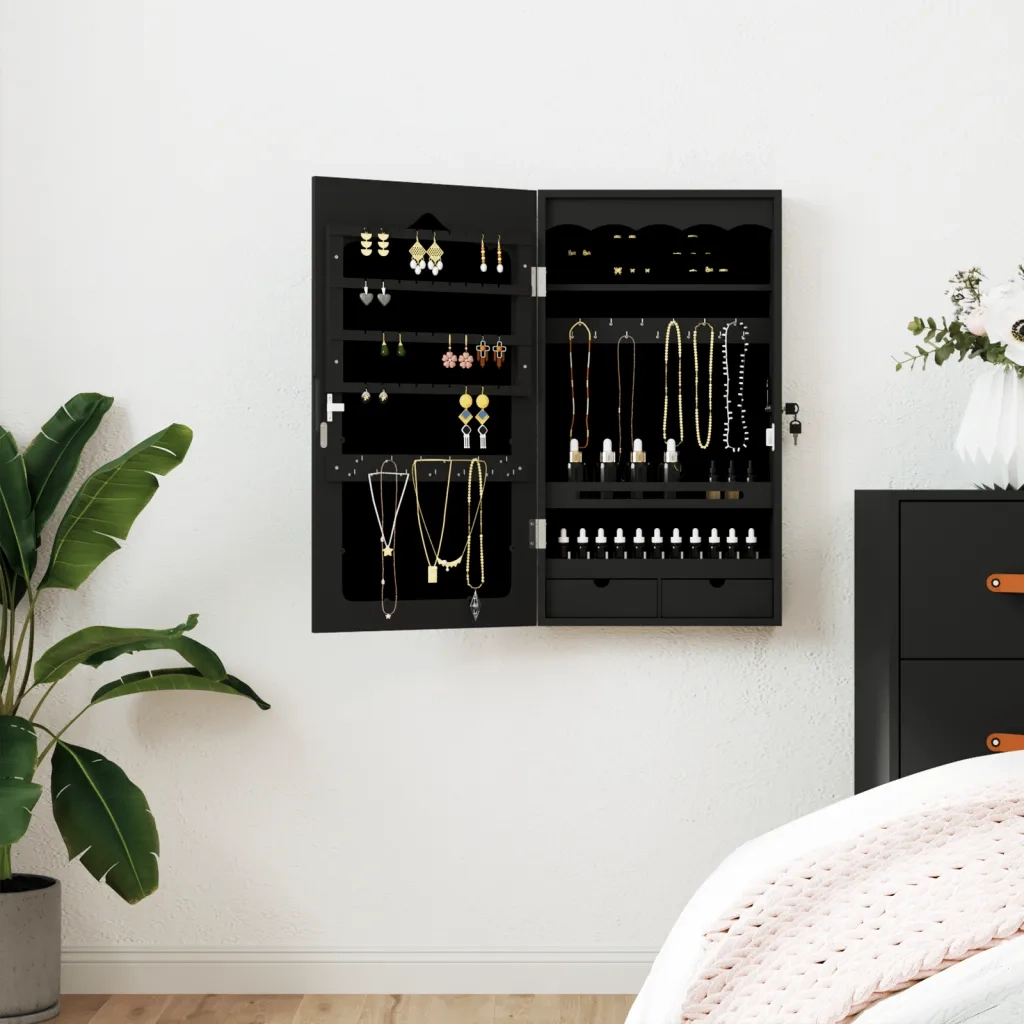 Armadio Portagioie con Specchio a Muro Nero 37,5x10x67 cm