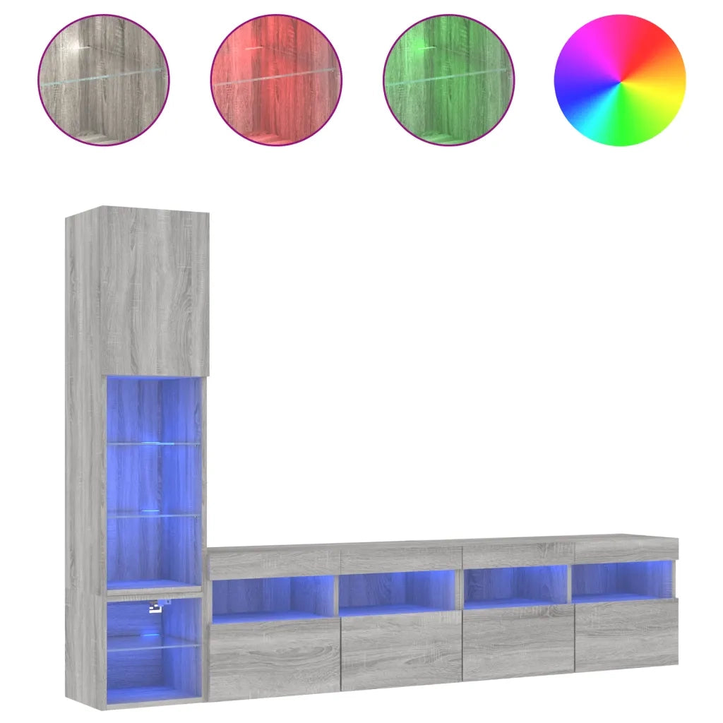 vidaXL Mobili TV a Muro con LED 4pz Grigio Sonoma in Legno Multistrato