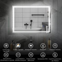 Specchio Bagno Antiappannante con Luce LED Regolabile, Speaker Bluetooth, Pulsanti Touch, 50x70 cm