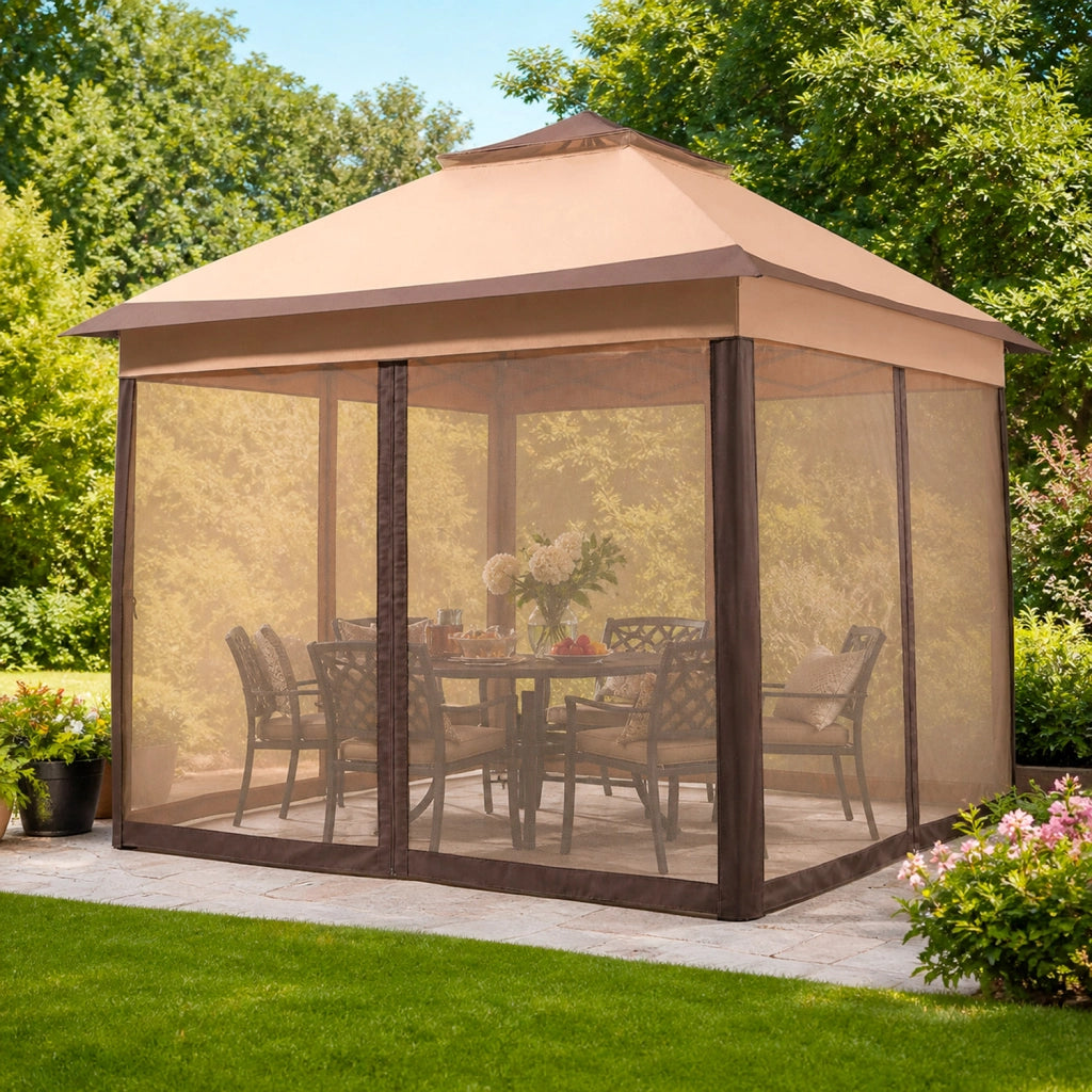 Gazebo Da Giardino Pop Up 3.33 X 3.33 Metri Altezza Regolabile Da 2.7 A 2.9 M Con Zanzariere Removibili Apertura Rapida E Borsa Trasporto Per Eventi Patio Piscina Campeggio Feste Kaki