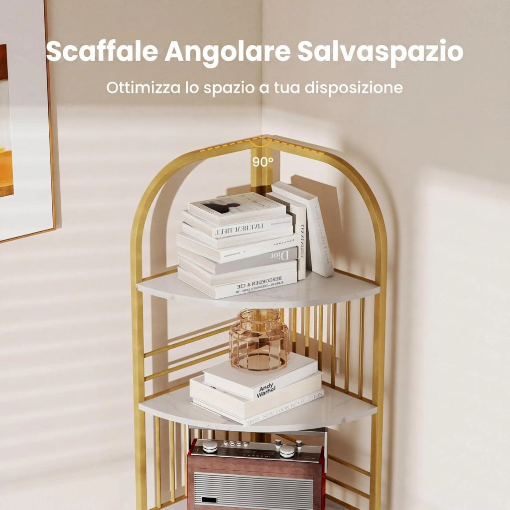 Scaffale Angolare a 6 Ripiani, Libreria Alta 181,5 cm Autoportante con Struttura in Metallo Robusto, Espositore Verticale per Soggiorno, Camera da Letto, Ufficio (Bianco)