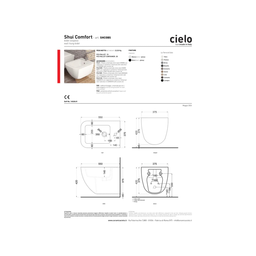 Bidet Sospeso Ceramica Cielo "Shui Comfort" Bianco Lucido
