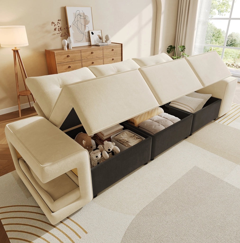 Divano modulare 3 posti in velluto beige con vani per animali