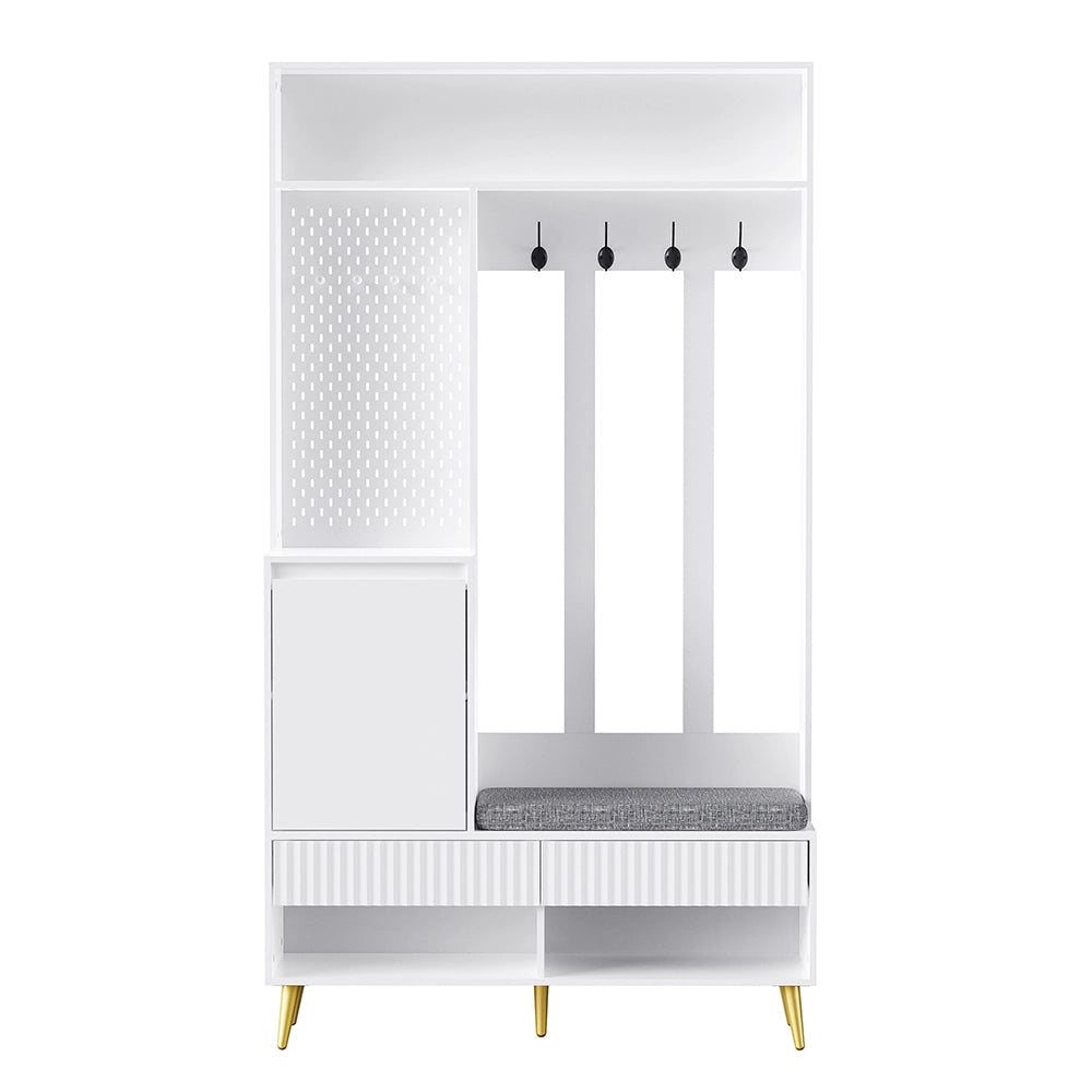 Armadio per ingresso con porta e panchina - Xylo - 100x35x180 cm - Bianco - 4 ganci e 2 cassetti