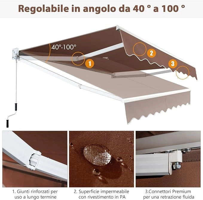 Tenda da Sole per Esterno Avvolgibile, Tenda da Sole a Bracci Estensibili con Telaio in Alluminio e Tettuccio Resistente al Sole e Impermeabile e Manovella (245 x 200 cm,Marrone)