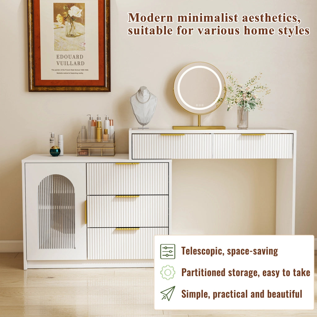 Tavolo da toeletta moderno con piano vetro; piano estraibile; specchio LED; finitura rigata; Bianco; H75×B90-160×P40cm