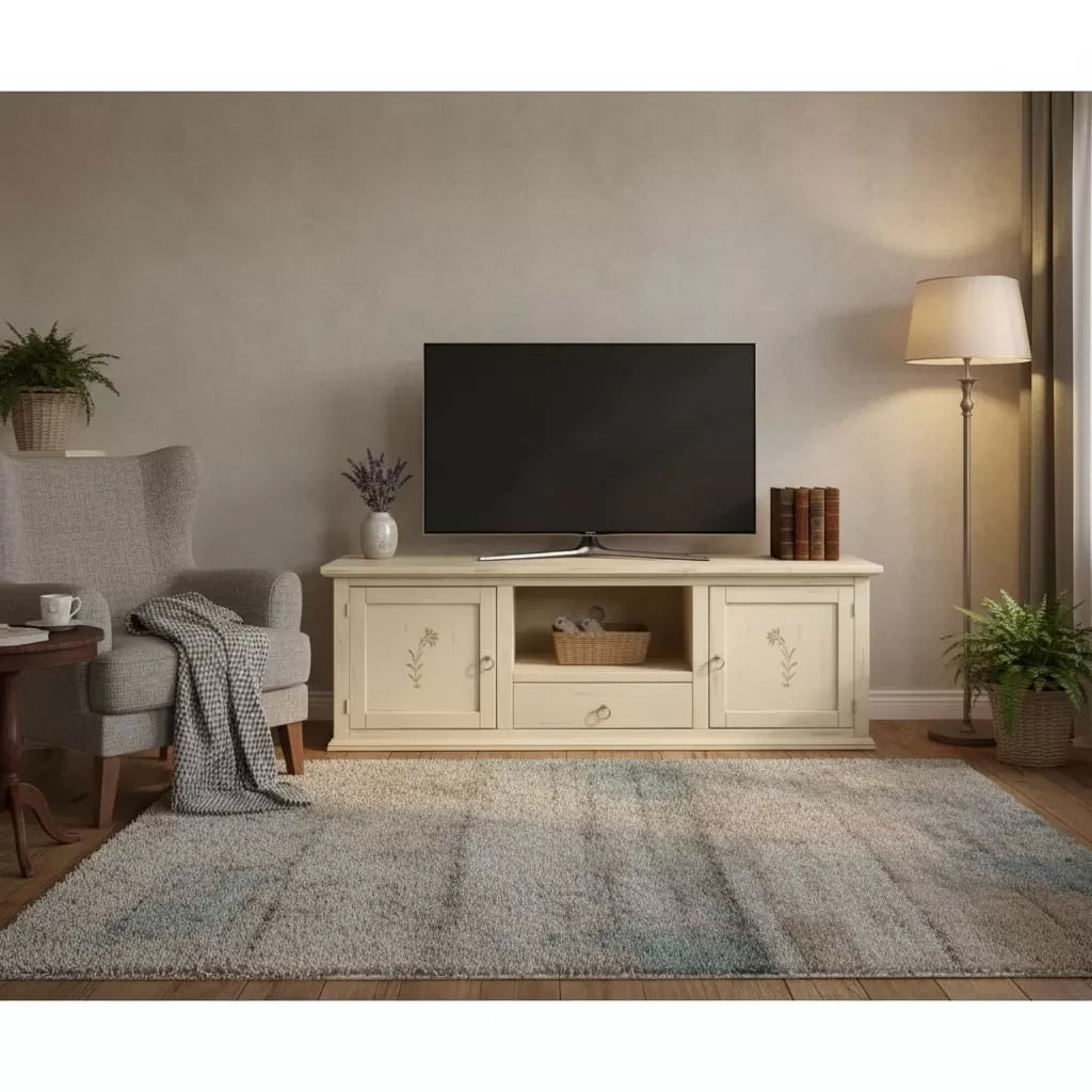 Porta tv 2 ante 1 cassetto legno shabby avorio anticato decori 160x46x56 - Mobili 2G