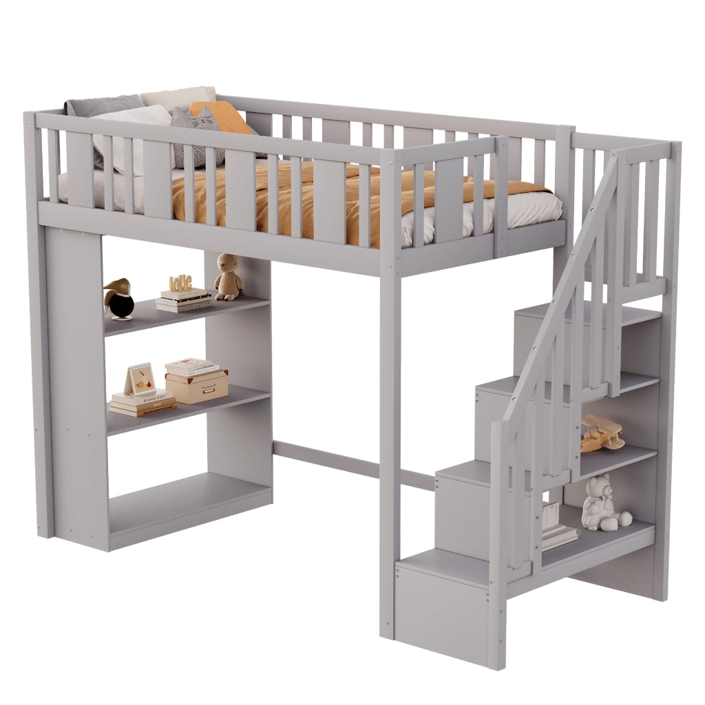 OKWISH Letto a Soppalco 90×200 cm, Letto Singolo con Scala Contenitore, 3 Scomparti e Sponda di Sicurezza, senza Materasso, Legno, Grigio
