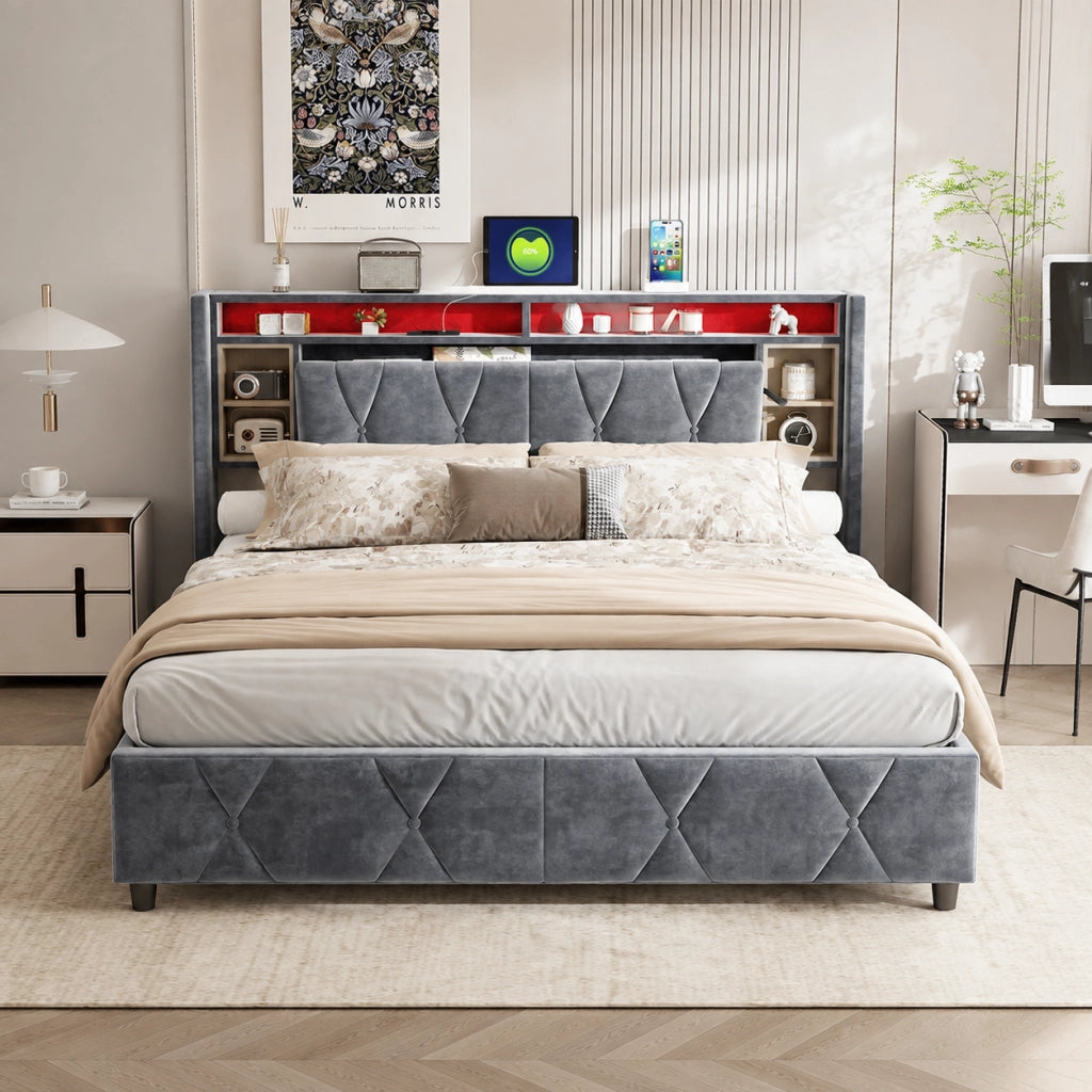 Letto imbottito grigio 140×200 cm, testiera contenitiva multilivello, USB‑C, LED con telecomando, base letto vano idraulico salvaspazio