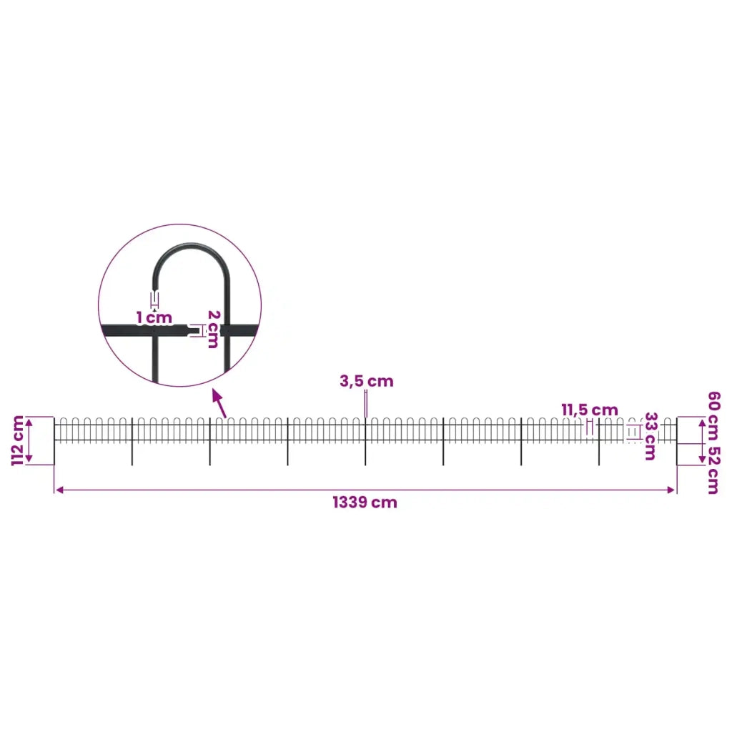 Recinzione da Giardino con Parte Superiore ad Anello in Acciaio 1339x60 cm Nera 277645