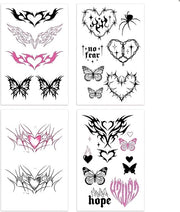 Tatuaggi temporanei Y2k stile a 4 pezzi con disegno di cuore, farfalla, ragnatela e spinetta in nero e rosa per polso, corpo, petto, addome e schiena.