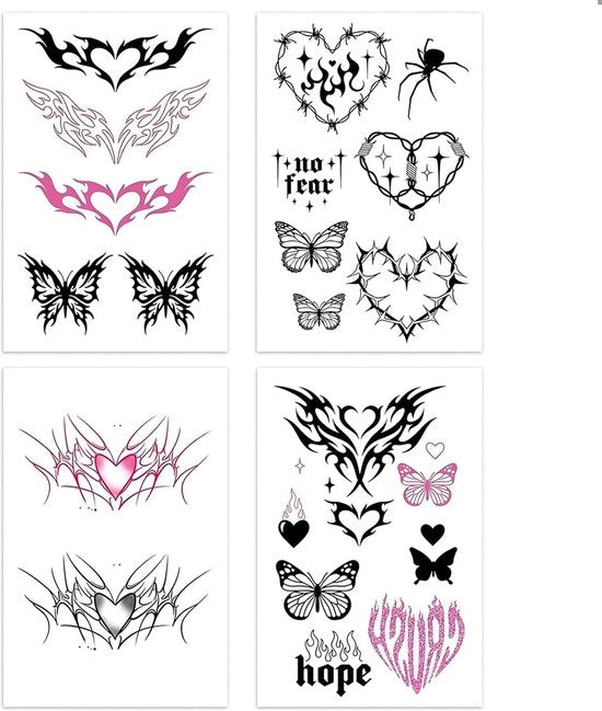 Tatuaggi temporanei Y2k stile a 4 pezzi con disegno di cuore, farfalla, ragnatela e spinetta in nero e rosa per polso, corpo, petto, addome e schiena.