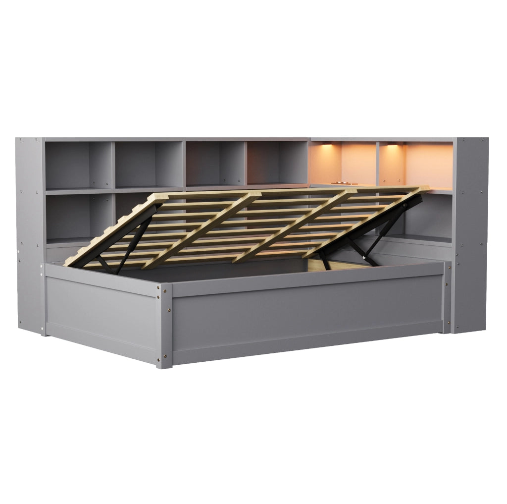 Divano letto 90x200 cm con presa multifunzione; vani portaoggetti e LED in legno grigio
