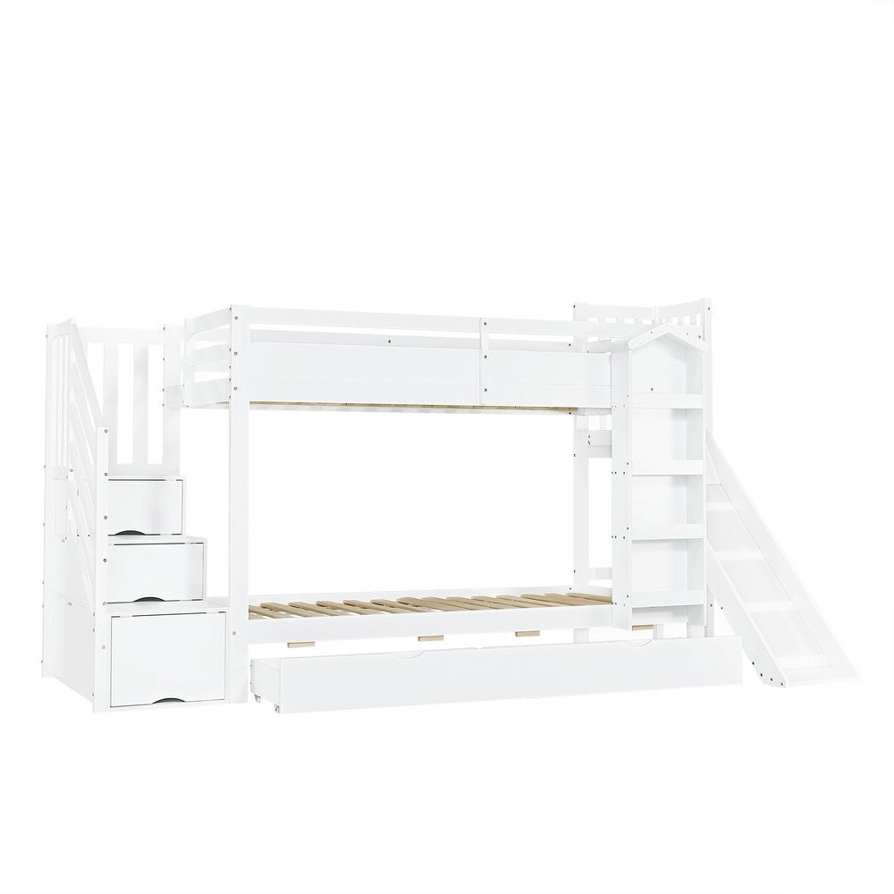 Letto a Castello Bambini con Scivolo, Cassetti e Libreria ¨C MINIMAL ¨C Pino/MDF, Bianco, 90x200