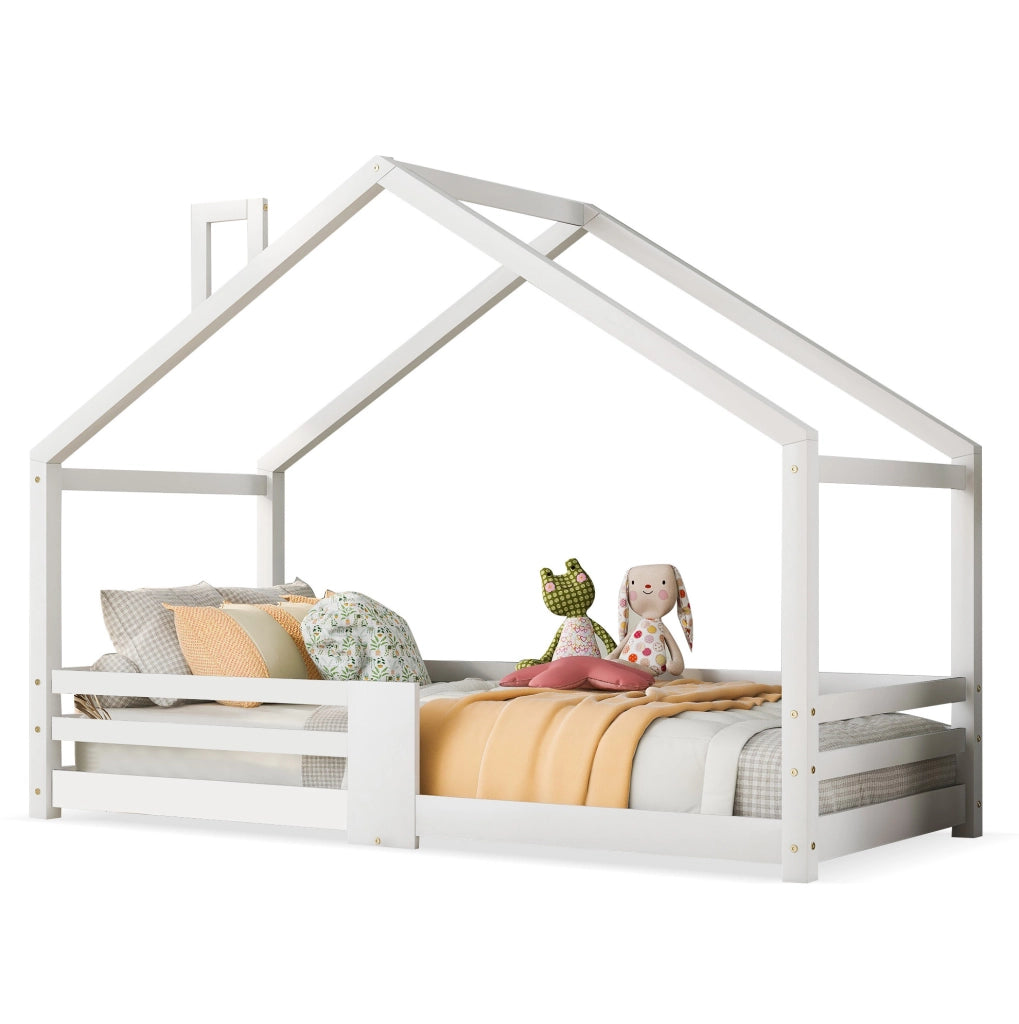 Letto a casetta per bambini 90x200 cm con protezione anticaduta; in legno massello di pino; bianco