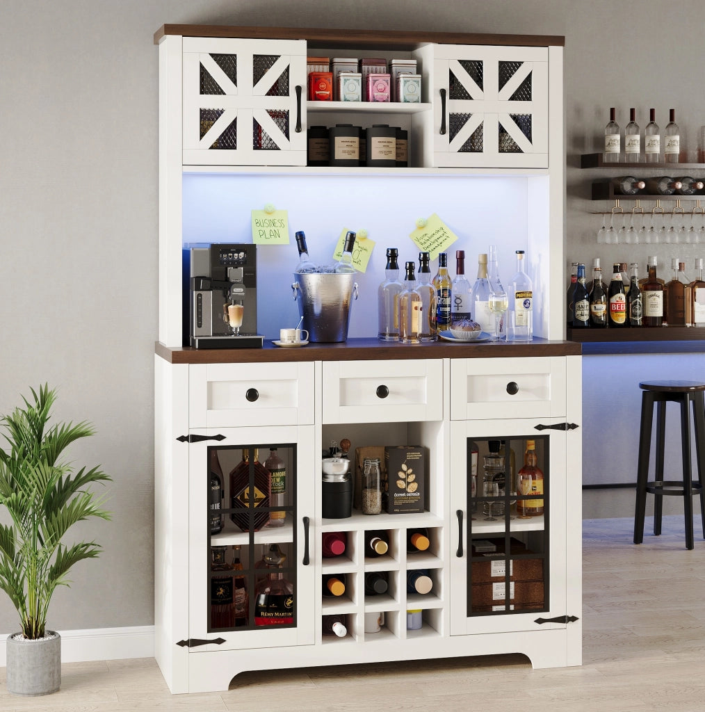 Credenza alta 120x40x180 cm con illuminazione LED; ripiani regolabili in MDF e vetro bianco