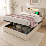 Letto matrimoniale 160x200 cm beige in lino, LED e USB Type C con contenitore