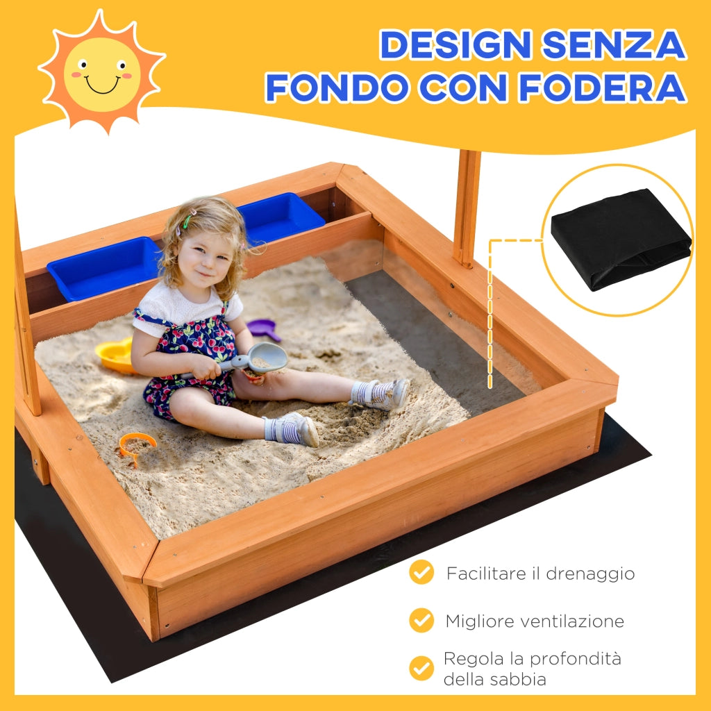 Sabbiera per Bambini in Legno con Tettuccio Regolabile, Sedute e Vaschette, 107.5x107.5x100 cm