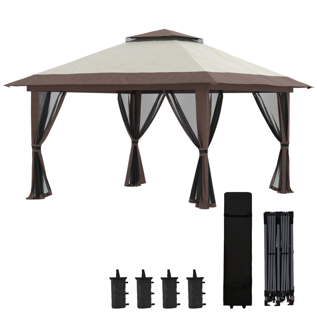 Gazebo Pieghevole 4x4 m ad Altezza Regolabile con Zanzariera e Borsa, in Metallo e Tessuto Oxford Beige
