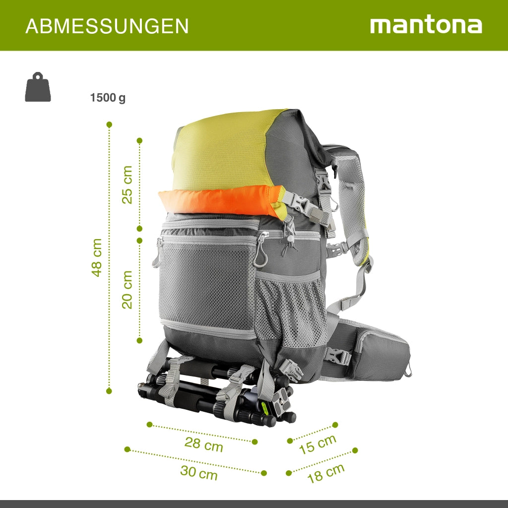 Zaino per fotocamera Mantona elementsPro 30 V2 - zaino per esterni con sistema di trasporto ergonomico, imbottitura traspirante, supporto per treppiede e copertura antipioggia, ideale per fotocamere DSLR e di sistema, verde