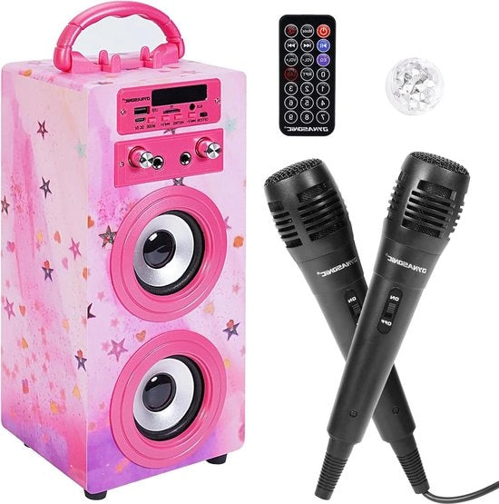 Macchina da Karaoke Portatile con 2 Microfoni Bluetooth Altoparlante Illuminato Lettore USB e SD Regalo per Bambini dai 5 ai 16 Anni (Modello con 15 luci)